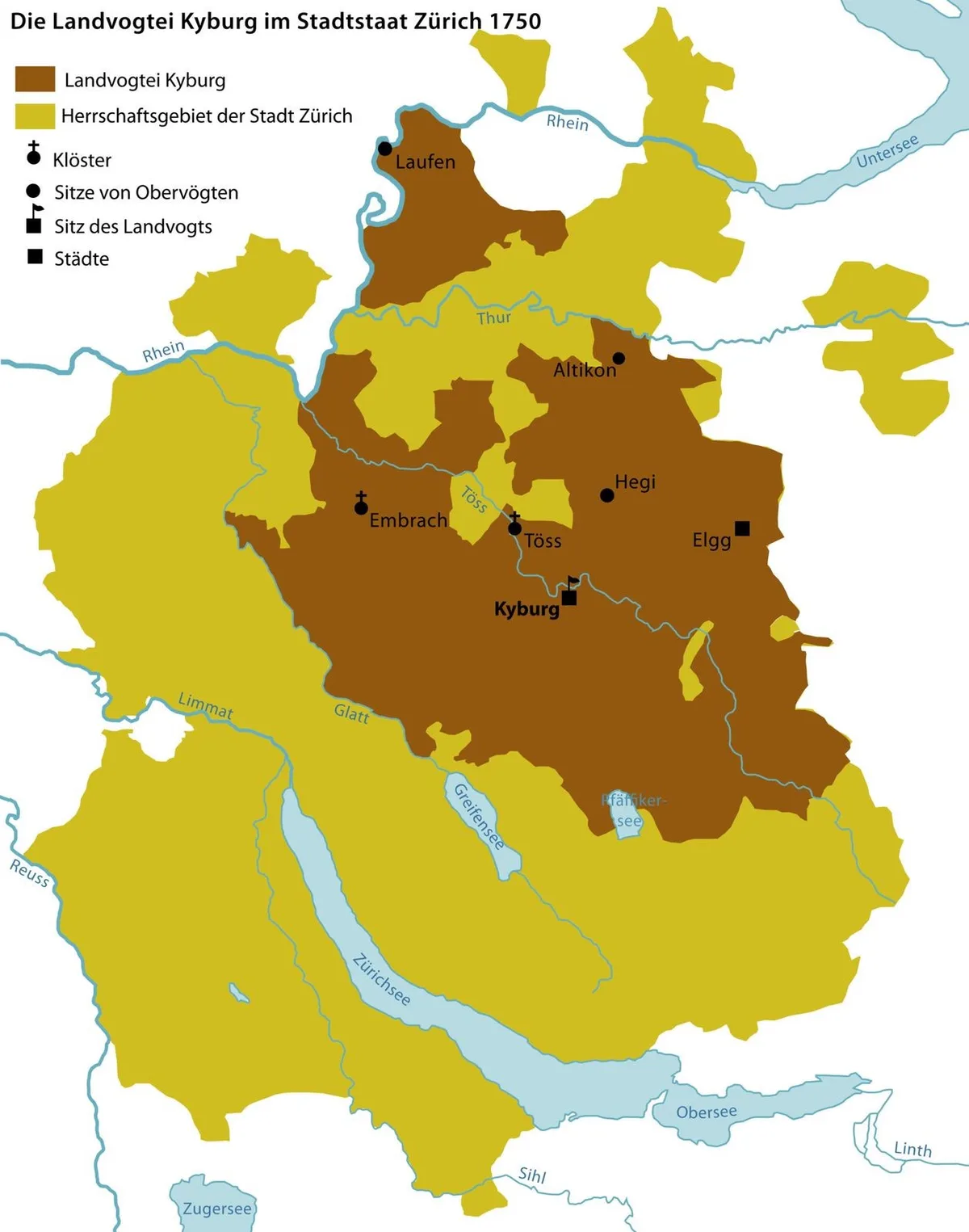 Eine Karte zeigt die Grafschaft Kyburg.